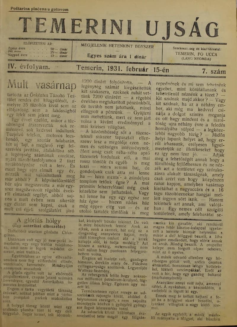 Temerini Újság 1928-1944, 4. évf. 1931. február 15. 7. sz.