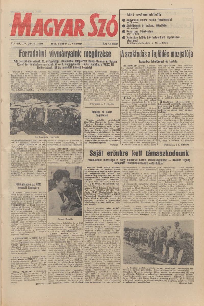 Magyar Szó, 41. évf. 1984. október 7. 277. sz. 1–32. oldal