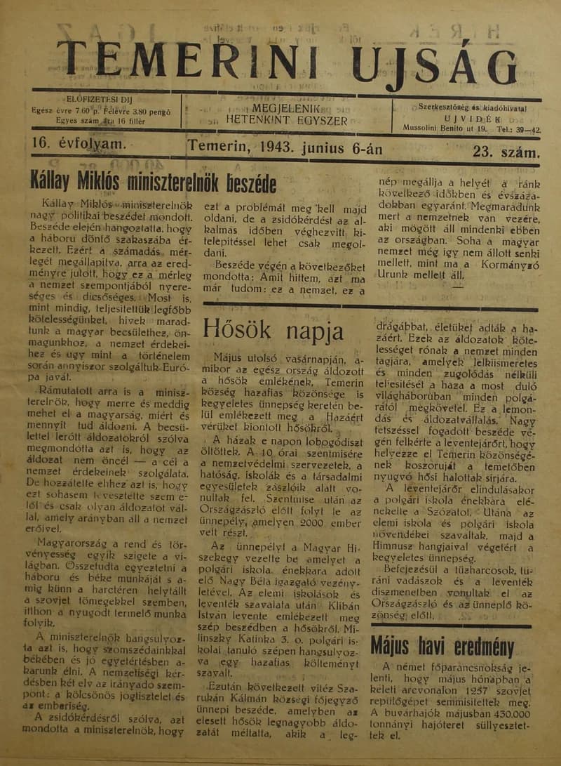 Temerini Újság 1928-1944, 16. évf. 1943. június 6. 23. sz.