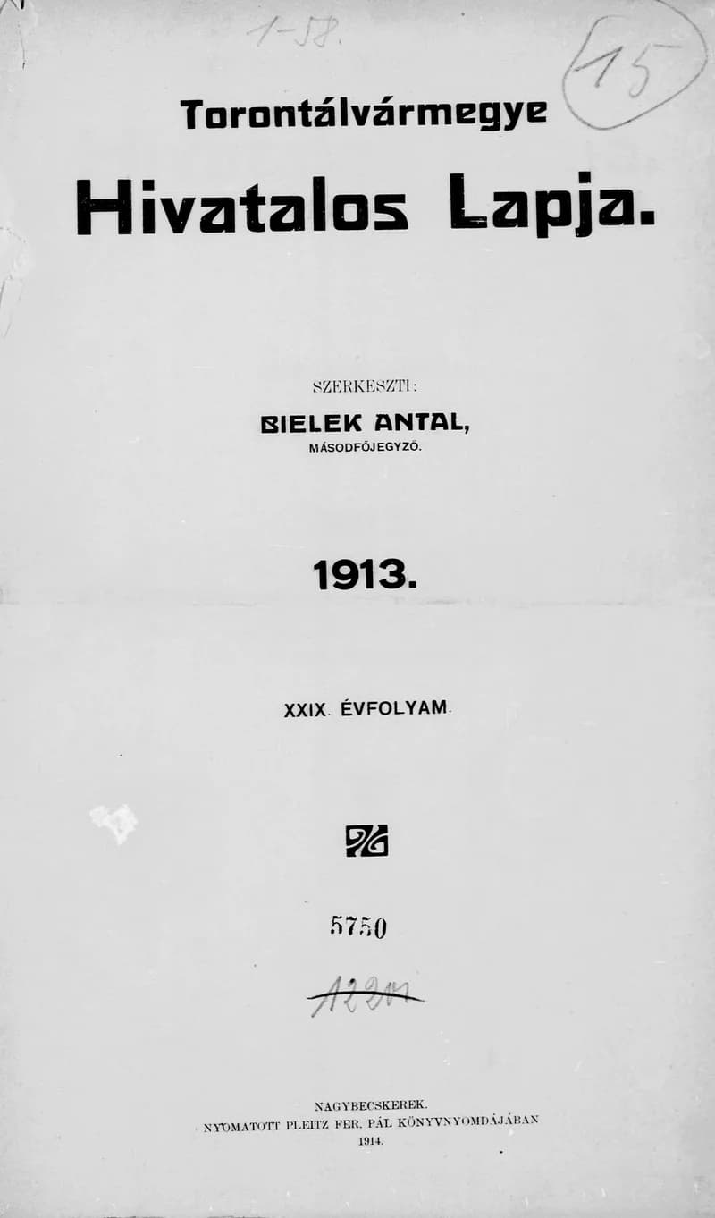 Torontál Vármegye Hivatalos Lapja, 29. évf. 1913. Tárgymutató