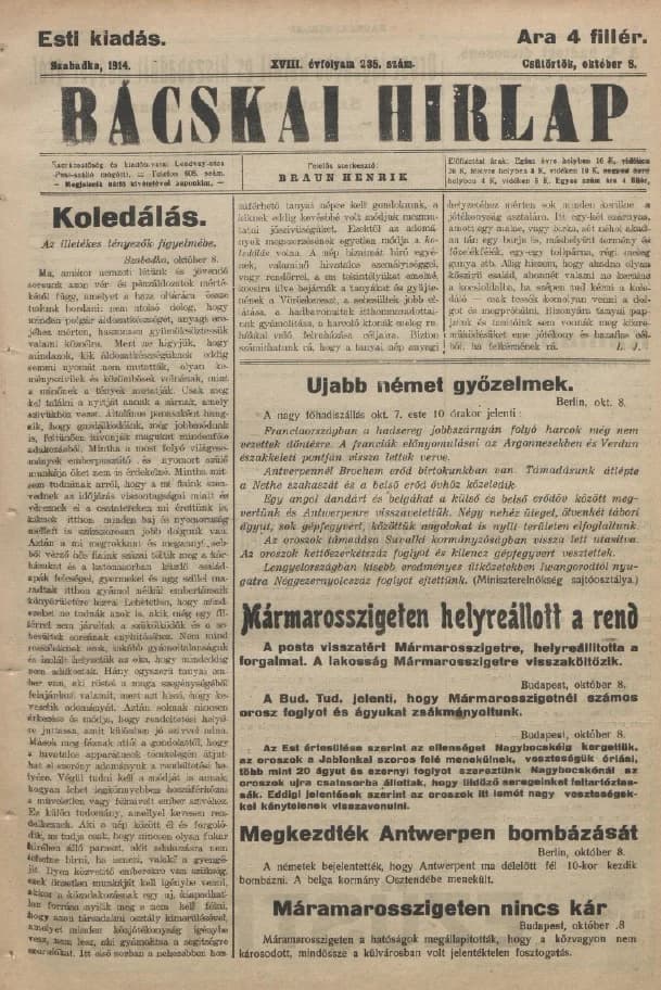 Bácskai Hirlap, 18. évf. 1914. október 8. 235. sz.