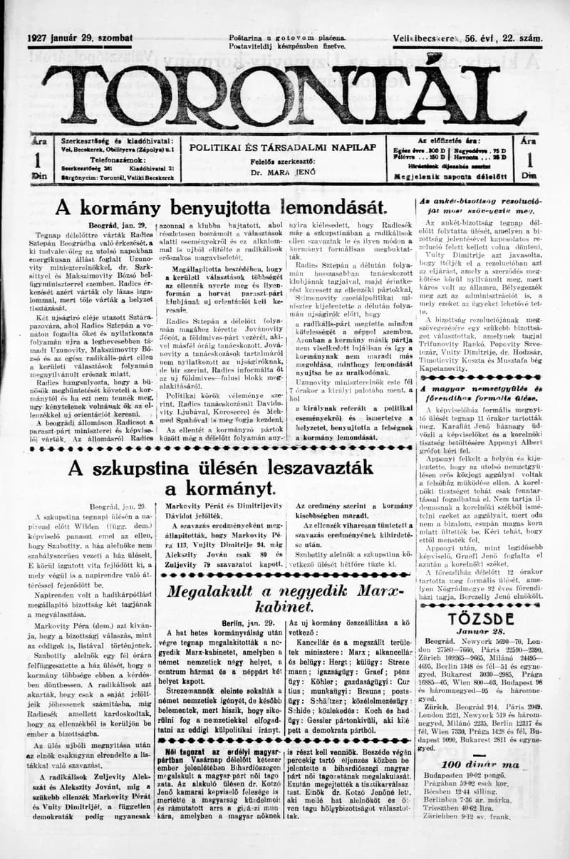 Torontál, 56. évf. 1927. január 29. 22. sz.