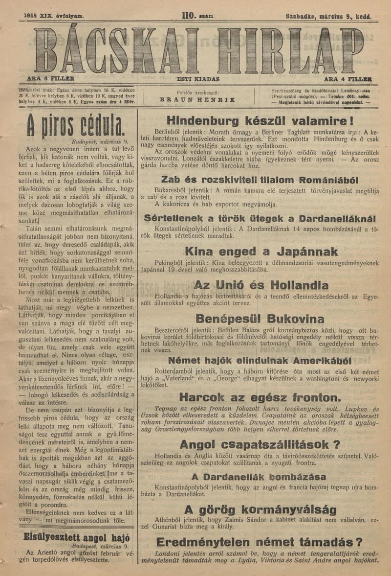 Bácskai Hirlap, 19. évf. 1915. március 9. 110. sz.