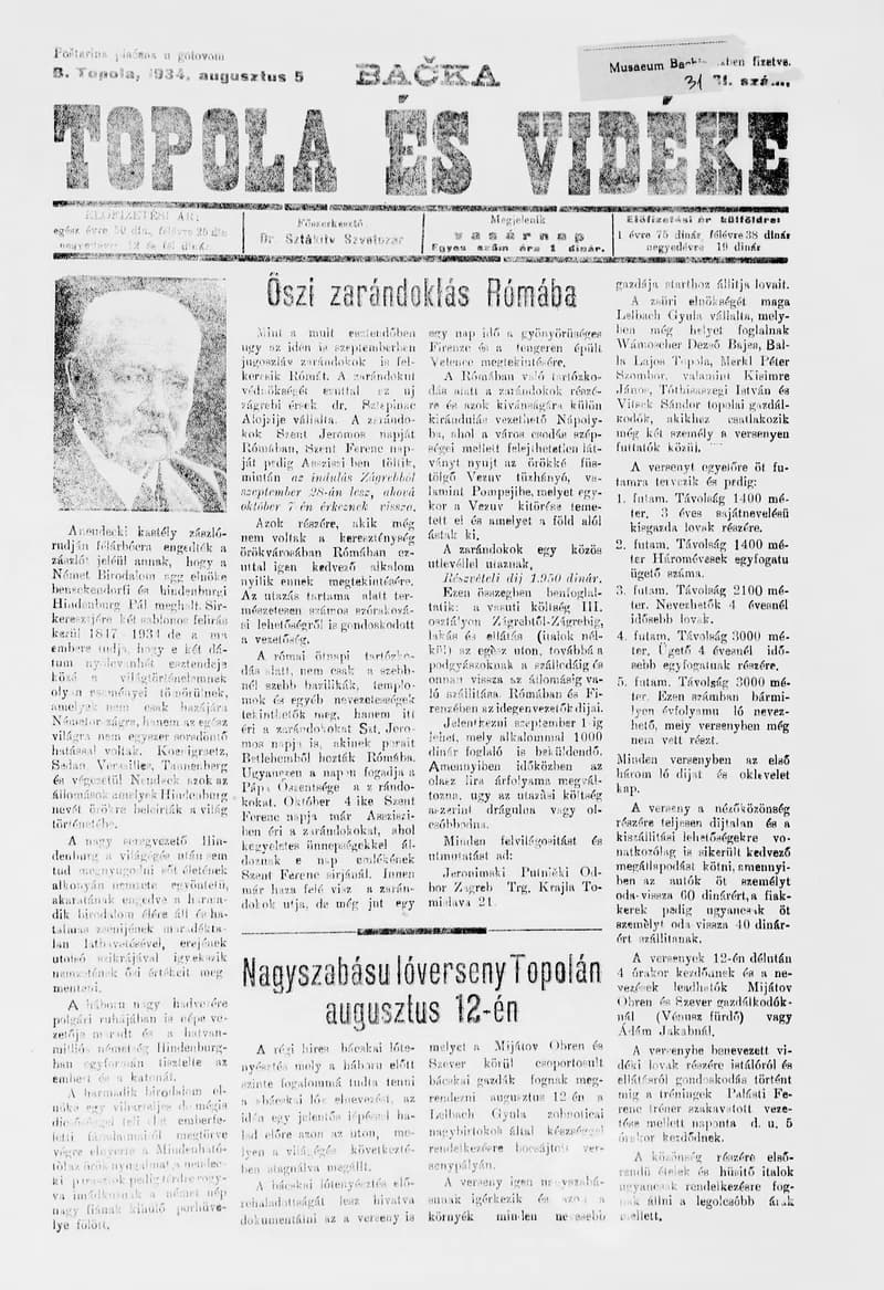 Bačka Topola és Vidéke, 11. évf. 1934. augusztus 5. 31. sz.