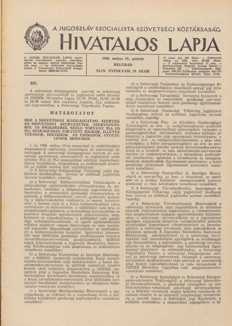 A Jugoszláv Szocialista Szövetségi Köztársaság Hivatalos Lapja, 44. évf. 1988. május 13. 29. sz. 809–816. oldal