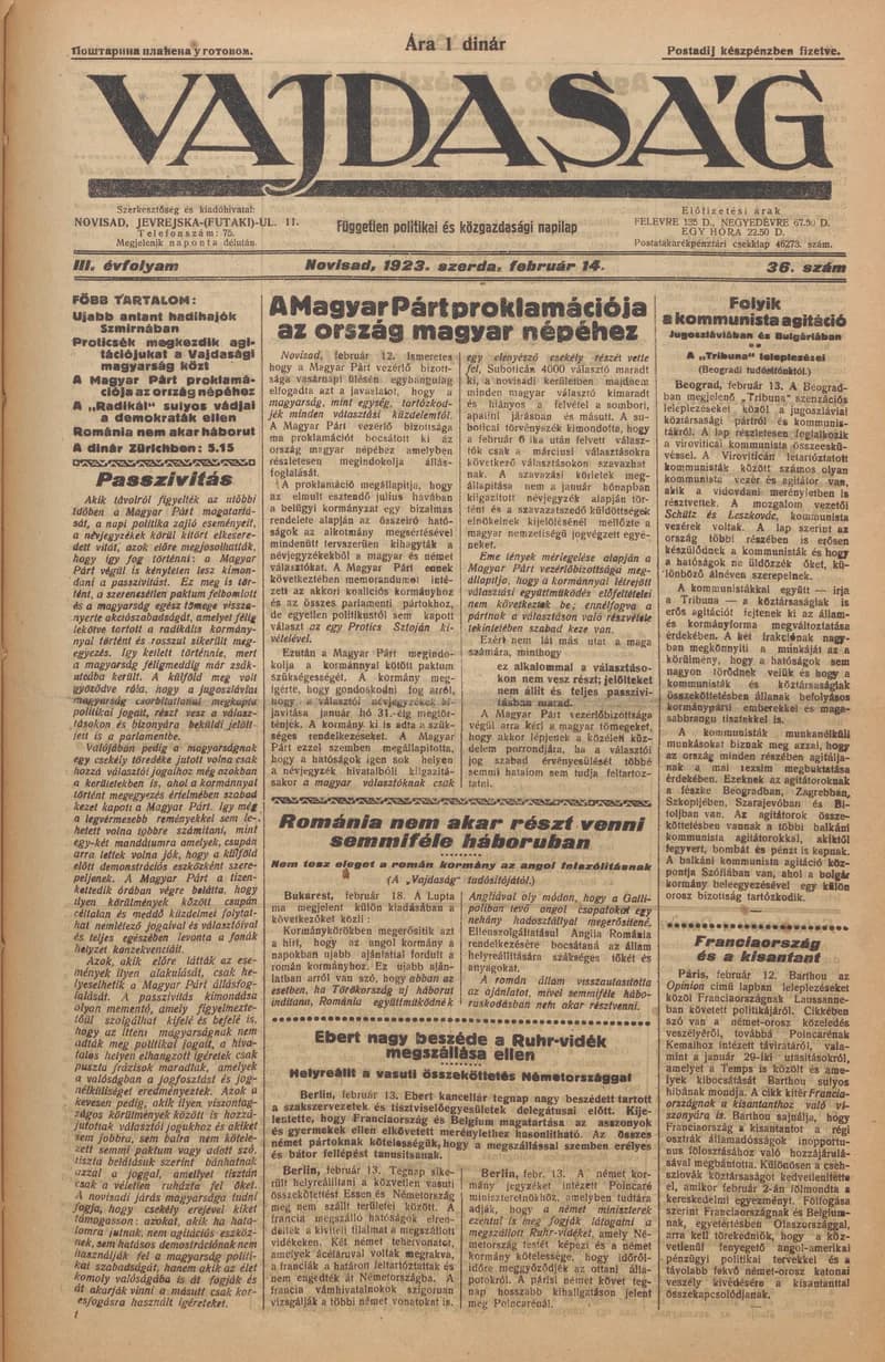 Vajdaság, 3. évf. 1923. február 14. 36. sz.