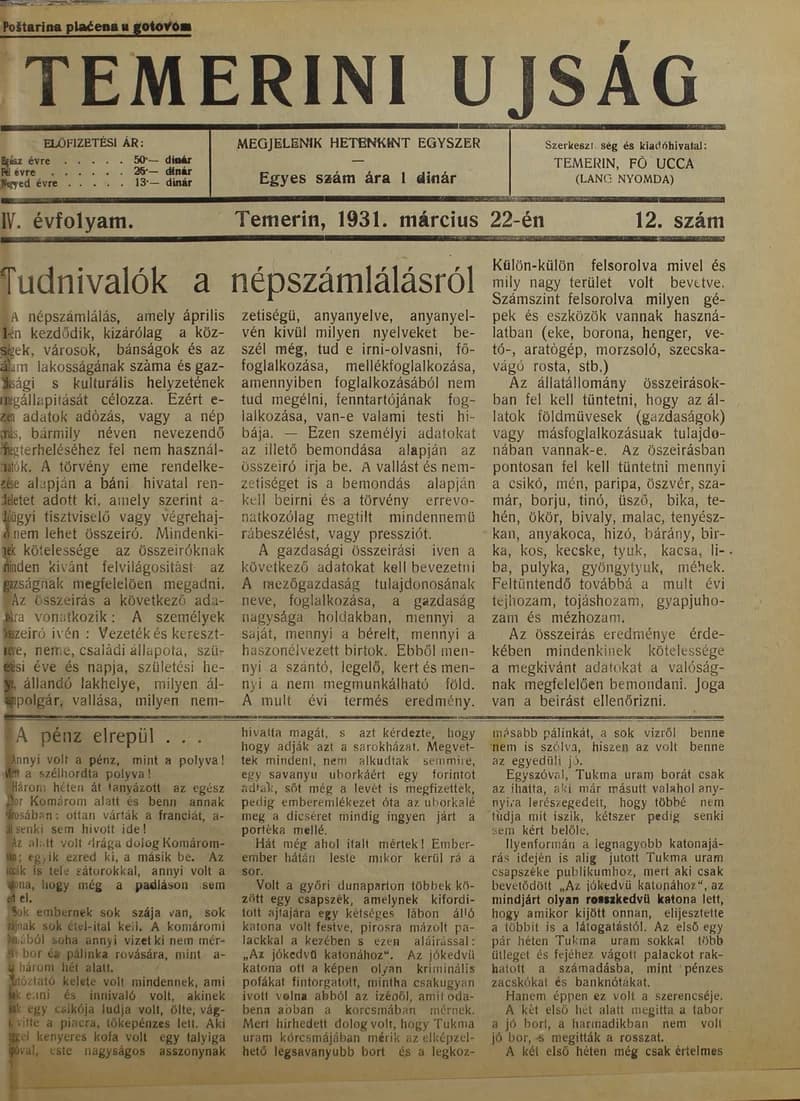 Temerini Újság 1928-1944, 4. évf. 1931. március 22. 12. sz.