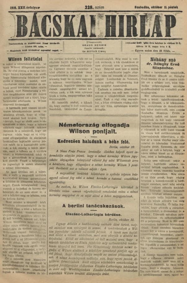 Bácskai Hirlap, 22. évf. 1918. október 11. 228. sz.