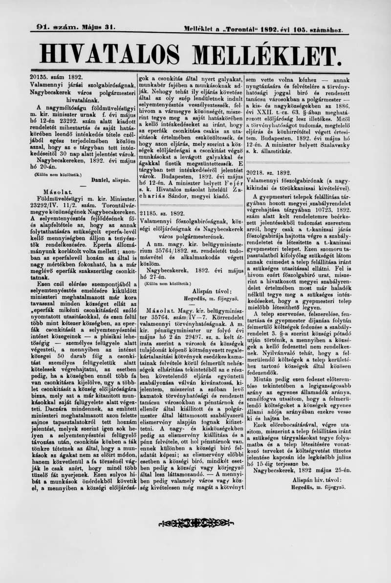 A Totontál  hivatalos melléklete, 5. évf. 1892. május 31. 91. sz.