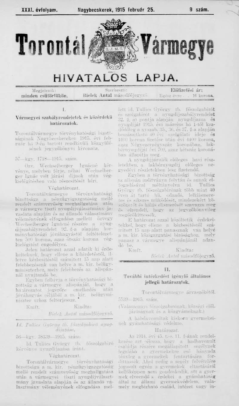 Torontál Vármegye Hivatalos Lapja, 31. évf. 1915. február 25. 9. sz.