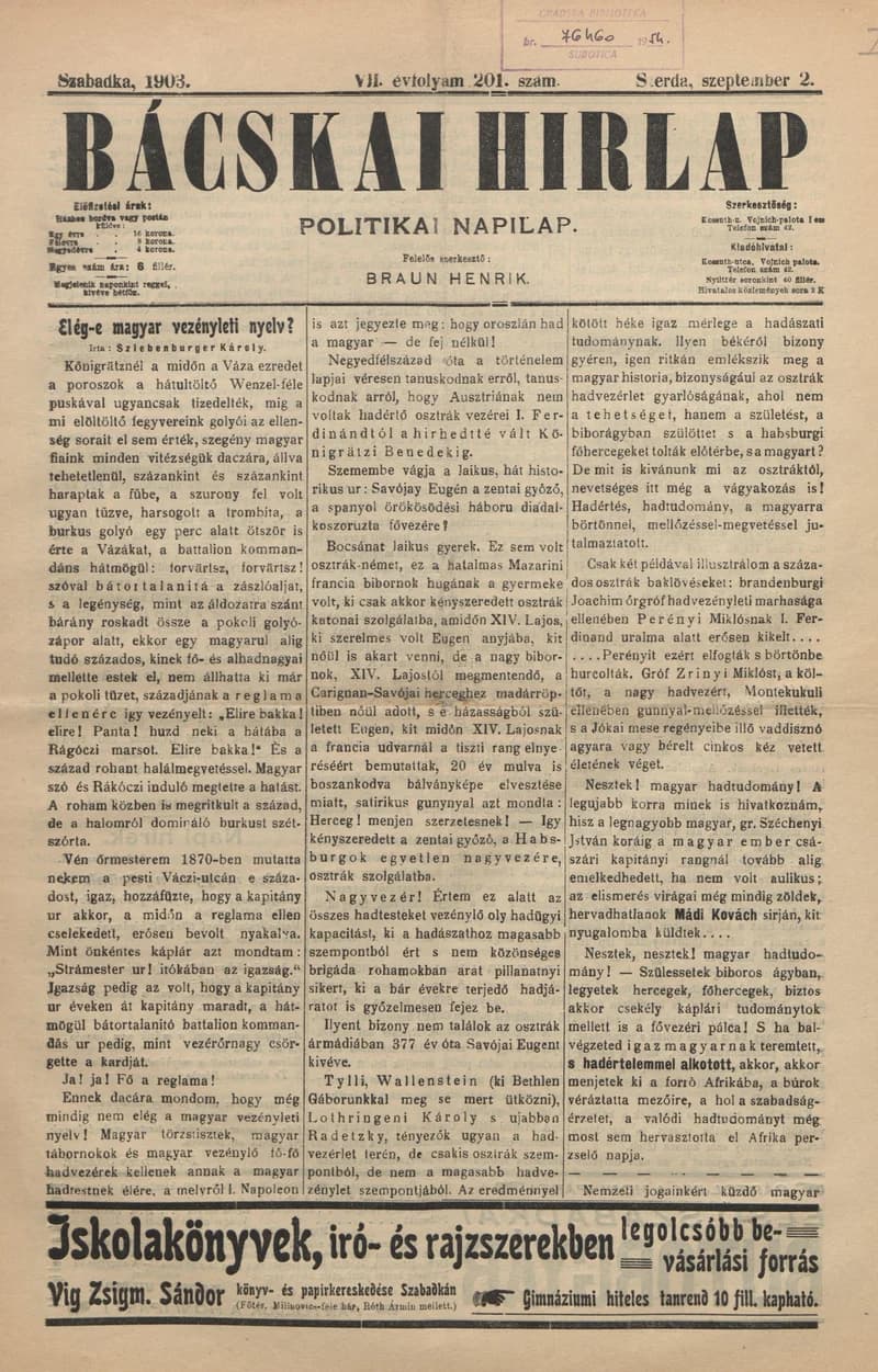 Bácskai Hirlap, 7. évf. 1903. szeptember 2. 201. sz.