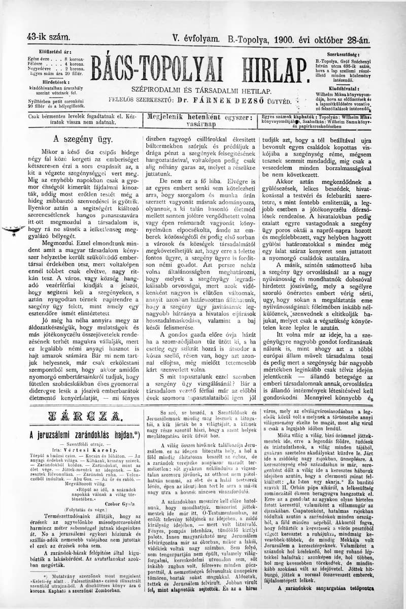 Bács-Topolyai Hirlap, 5. évf. 1900. október 28. 43. sz.