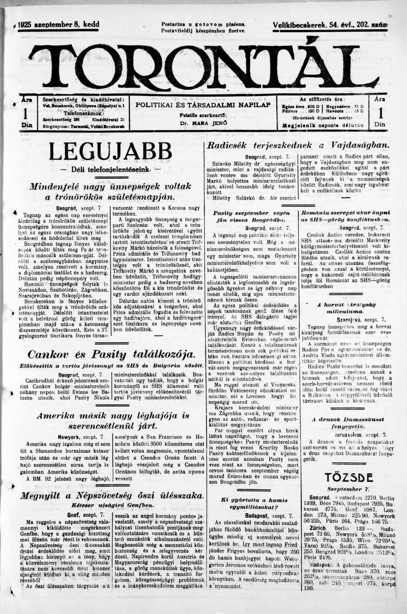 Torontál, 54. évf. 1925. szeptember 8. 202. sz.