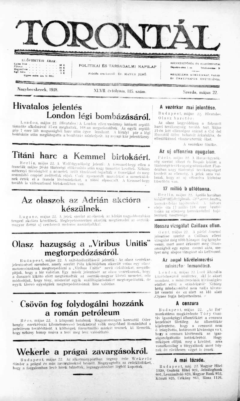 Torontál, 47. évf. 1918. május 22. 115. sz.