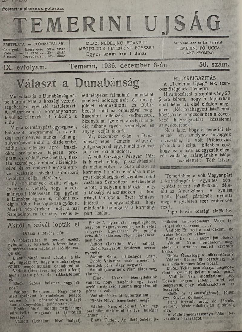 Temerini Újság 1928-1944, 9. évf. 1936. december 6. 50. sz.