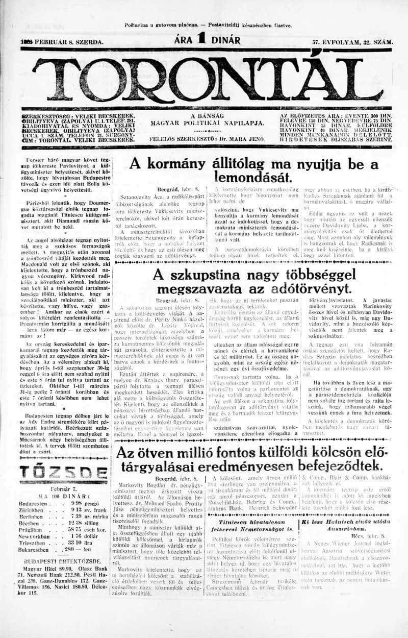 Torontál, 57. évf. 1928. február 8. 32. sz.