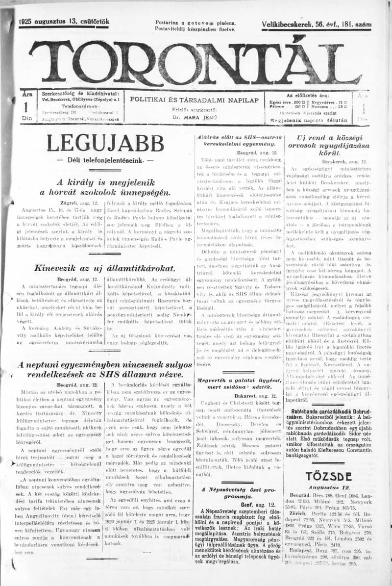 Torontál, 54. évf. 1925. augusztus 13. 181. sz.