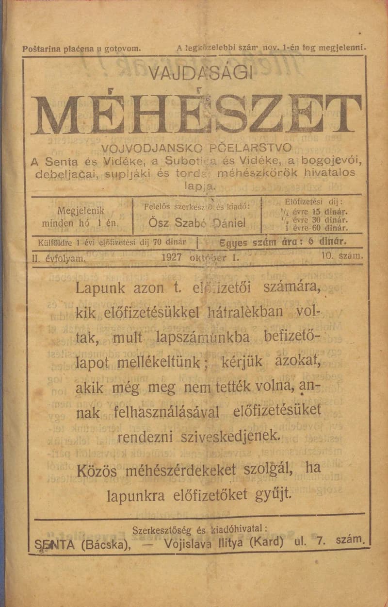 Vajdasági méhészet, 2. évf. 1927. október 1. 10. sz.
