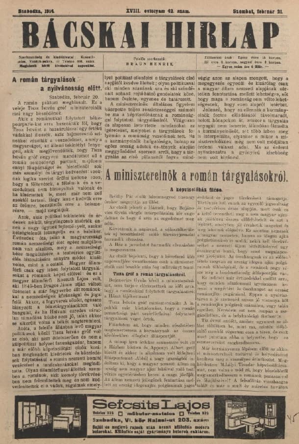Bácskai Hirlap, 18. évf. 1914. február 21. 42. sz.