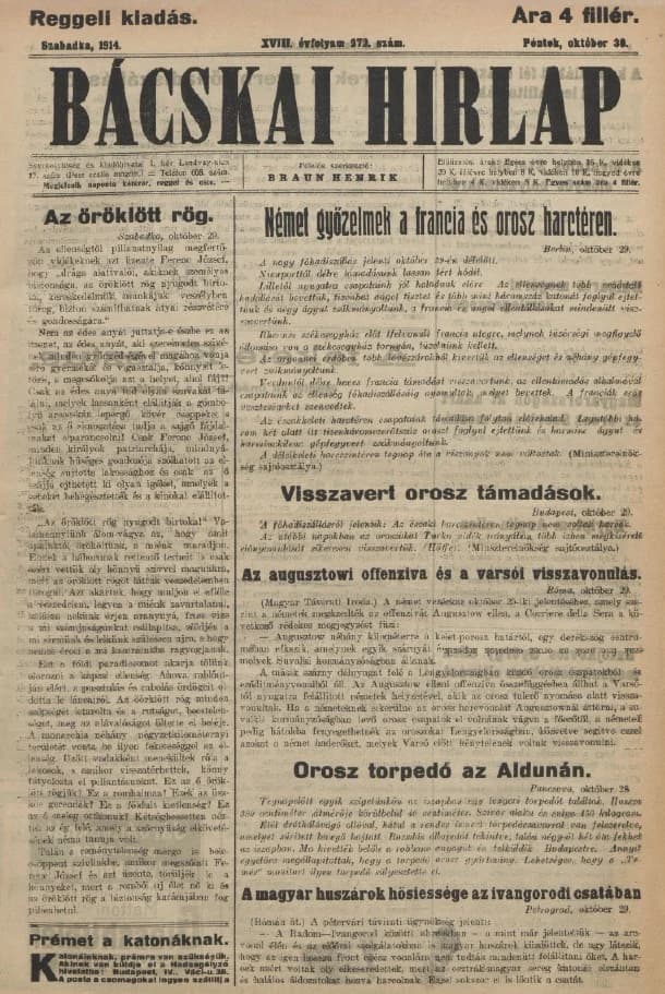 Bácskai Hirlap, 18. évf. 1914. október 30. 272. sz.