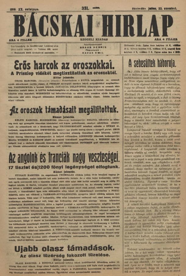 Bácskai Hirlap, 20. évf. 1916. július 22. 331. sz.