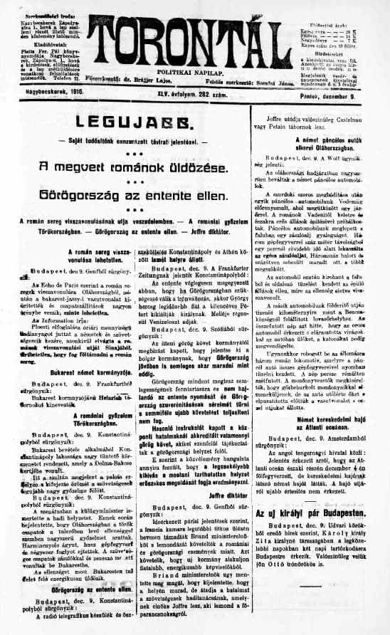 Torontál, 45. évf. 1916. december 9. 282. sz.