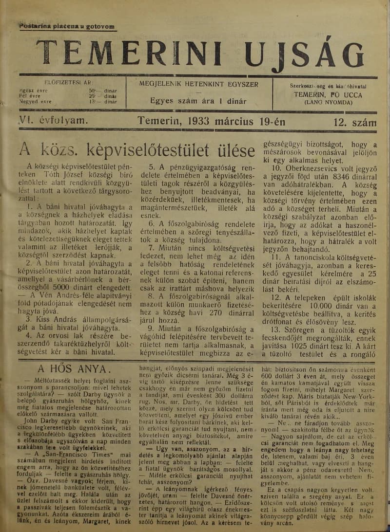 Temerini Újság 1928-1944, 6. évf. 1933. március 19. 12. sz.