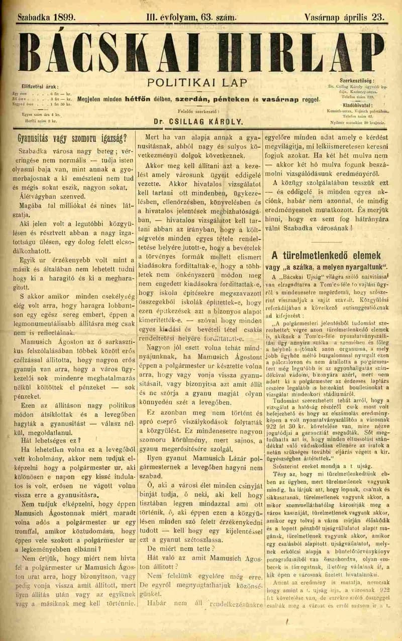 Bácskai Hirlap, 3. évf. 1899. április 23. 63. sz.