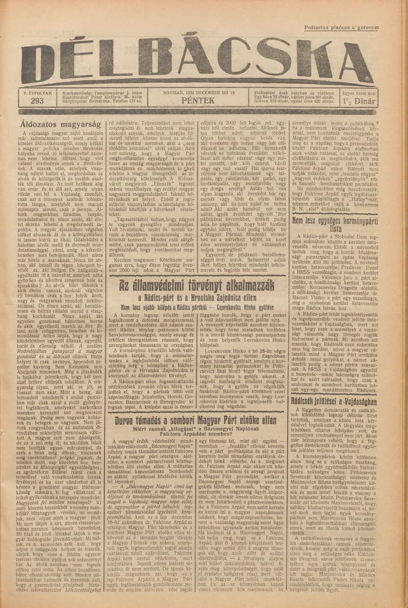 Délbácska, 5. évf. 1924. december 19. 293. sz.
