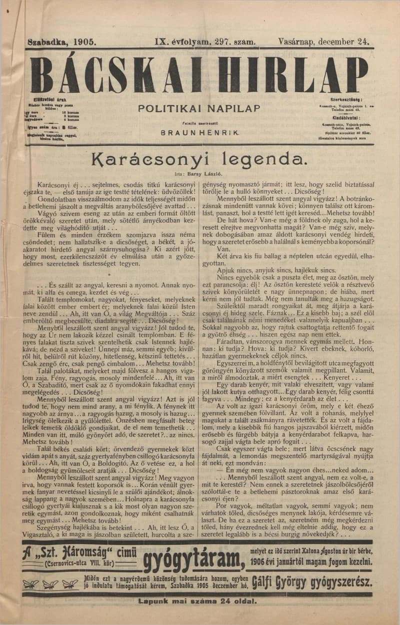 Bácskai Hirlap, 9. évf. 1905. december 24. 297. sz.