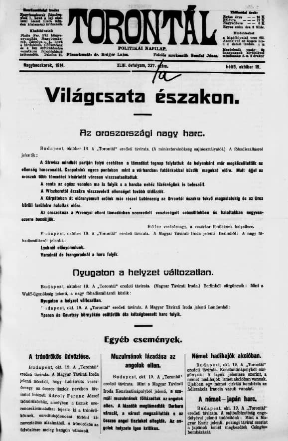 Torontál, 43. évf. 1914. október 19. 237. sz.