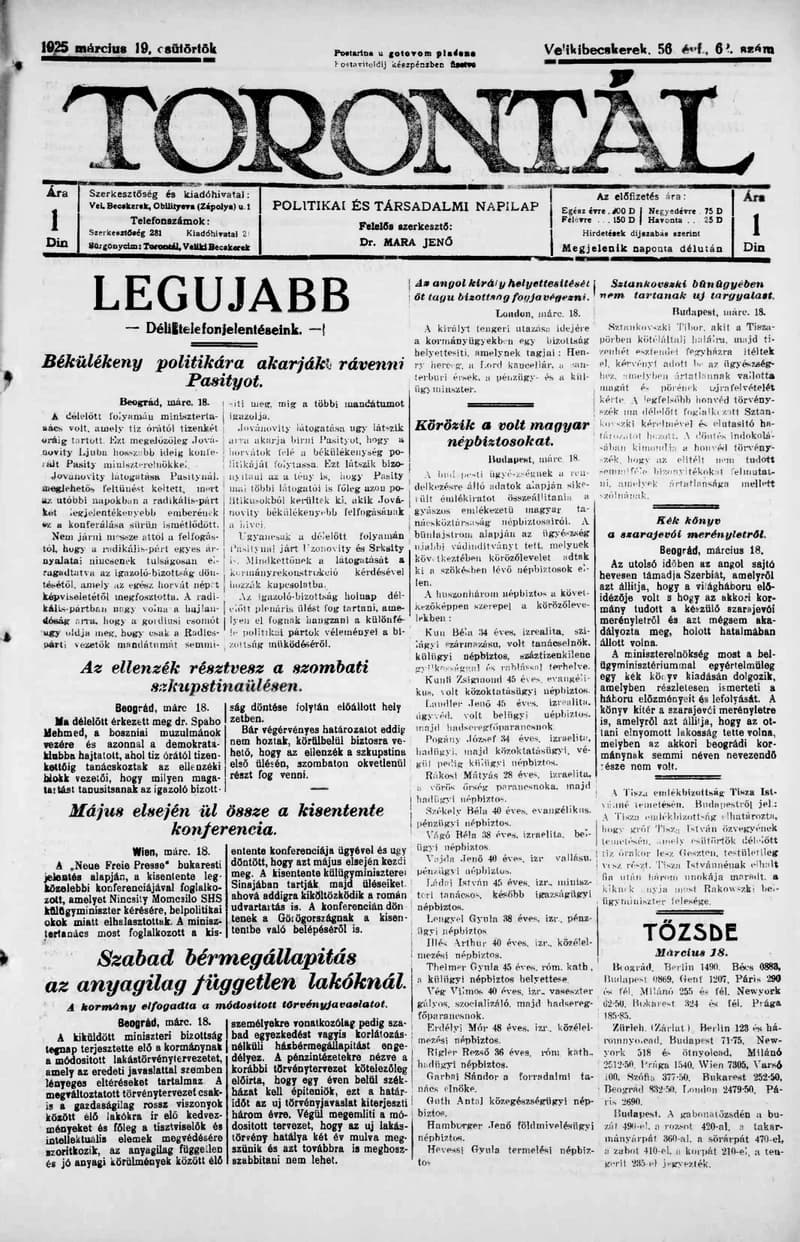 Torontál, 54. évf. 1925. március 19. 62. sz.