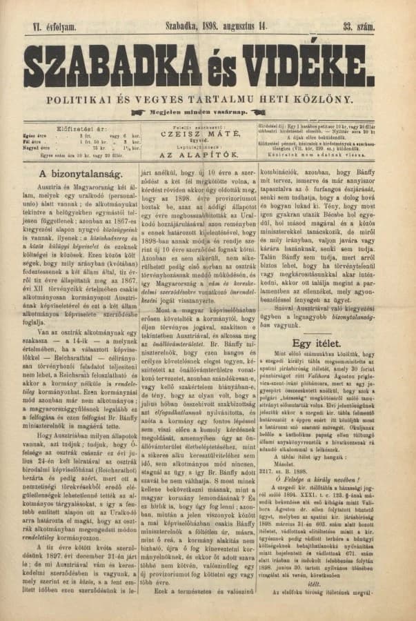 Szabadka és vidéke II, 6. évf. 1898. augusztus 14. 33. sz.