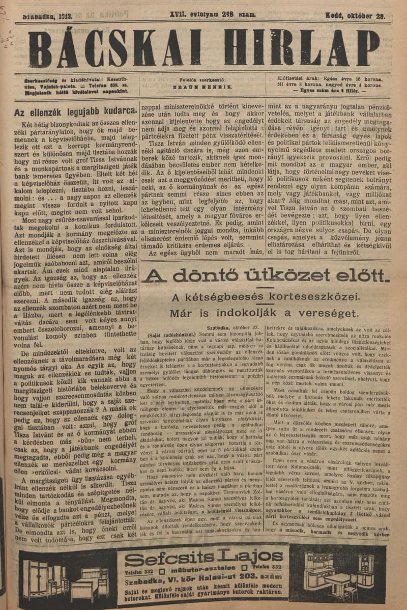 Bácskai Hirlap, 17. évf. 1913. október 28. 248. sz.