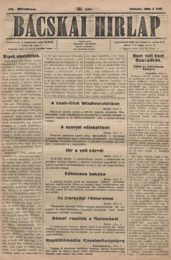 Bácskai Hirlap, 22. évf. 1918. július 9. 151. sz.