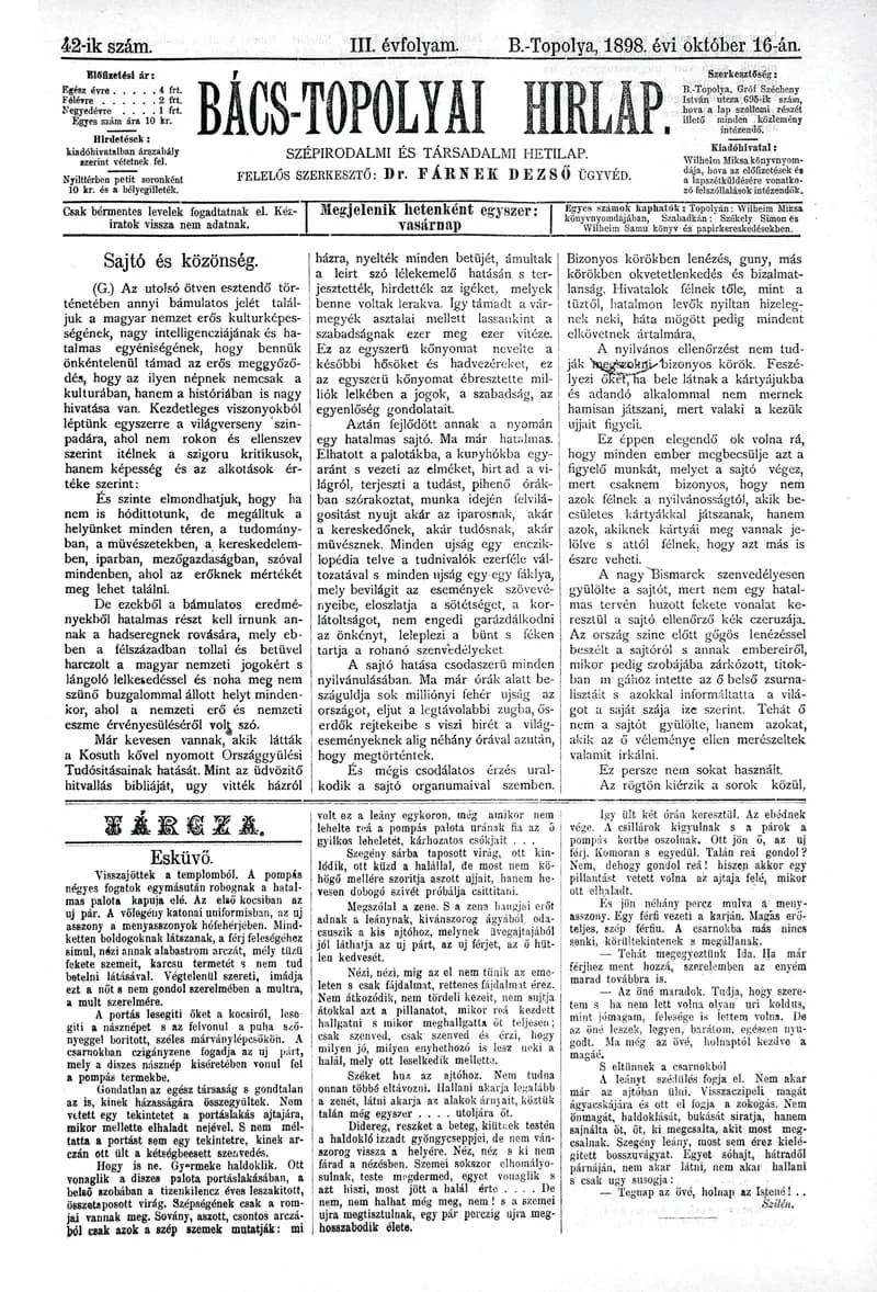 Bács-Topolyai Hirlap, 3. évf. 1898. október 16. 42. sz.