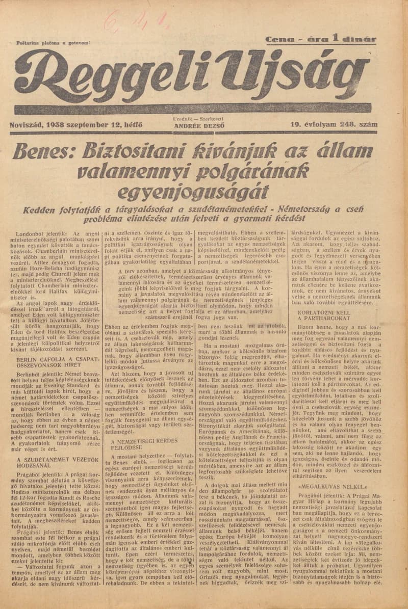 Reggeli Újság, 19. évf. 1938. szeptember 12. 248. sz.