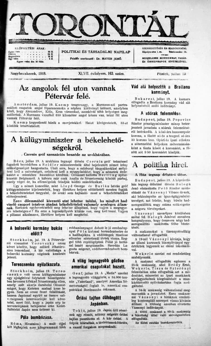 Torontál, 47. évf. 1918. július 19. 163. sz.