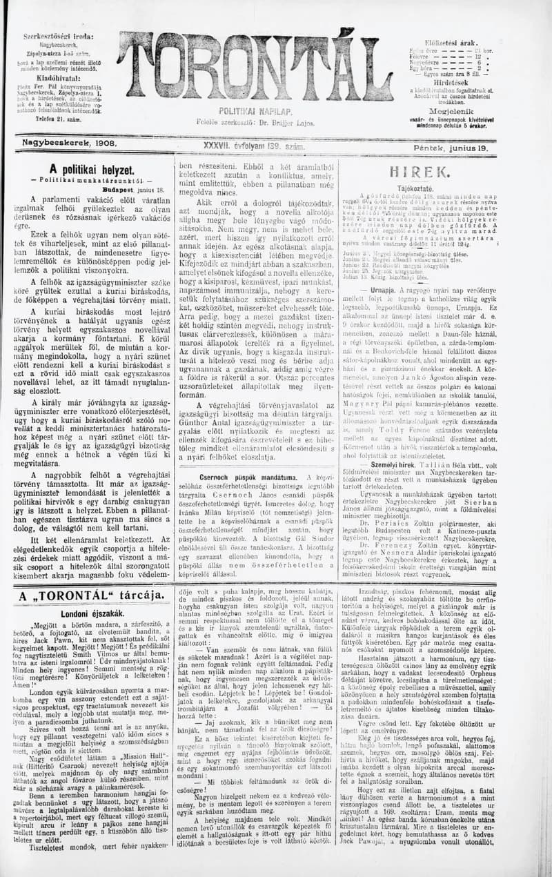 Torontál, 37. évf. 1908. június 19. 139. sz.