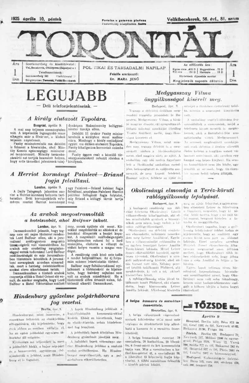 Torontál, 54. évf. 1925. április 10. 81. sz.