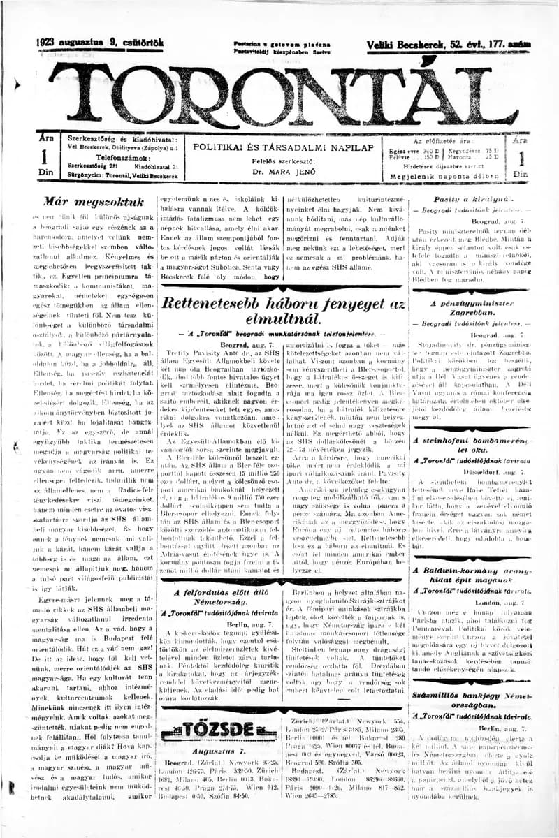 Torontál, 52. évf. 1923. augusztus 9. 177. sz.