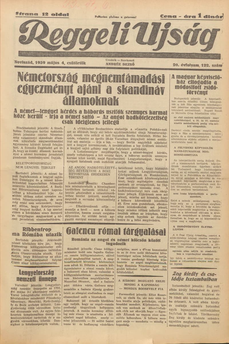Reggeli Újság, 20. évf. 1939. május 4. 122. sz.