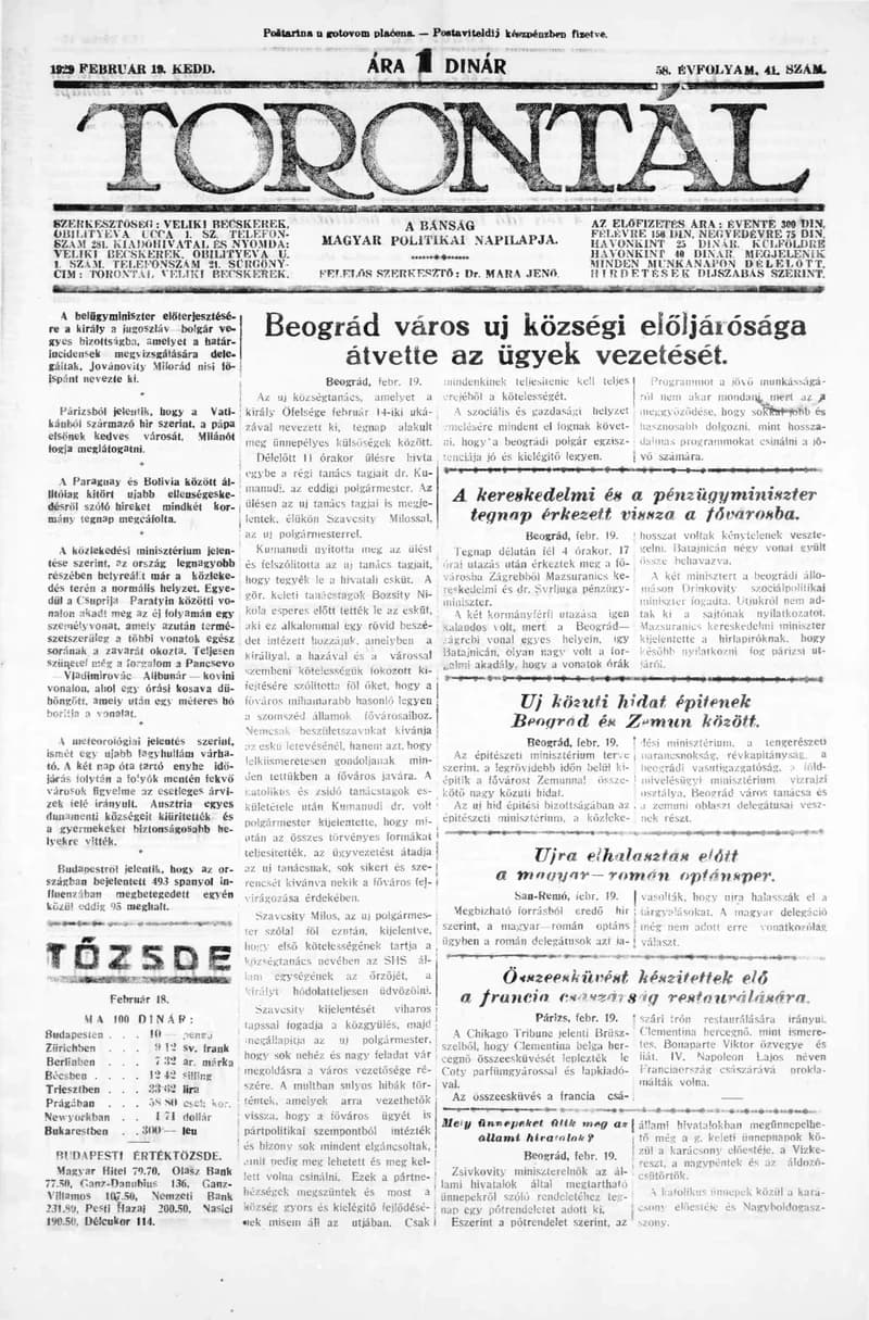 Torontál, 58. évf. 1929. február 19. 41. sz.