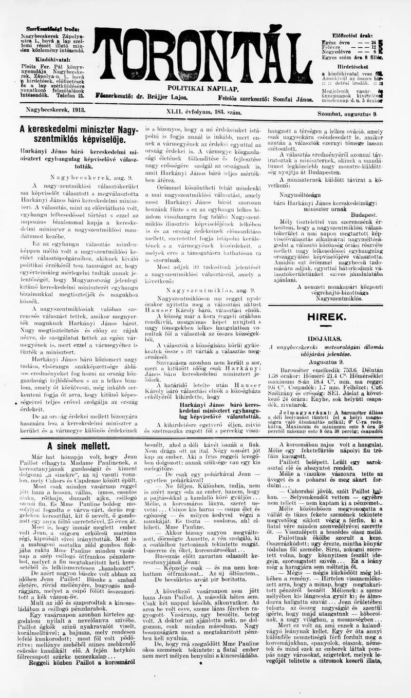 Torontál, 42. évf. 1913. augusztus 9. 183. sz.
