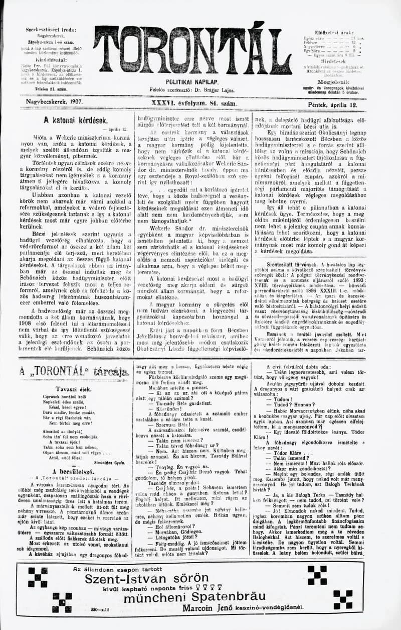 Torontál, 36. évf. 1907. április 12. 84. sz.
