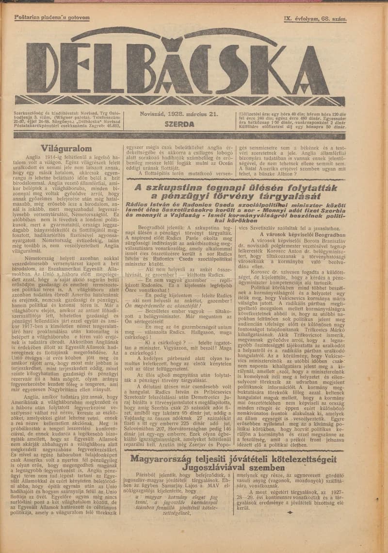 Délbácska, 9. évf. 1928. március 21. 68. sz.
