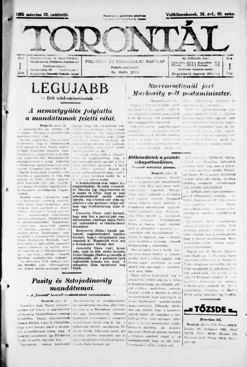 Torontál, 54. évf. 1925. március 26. 68. sz.