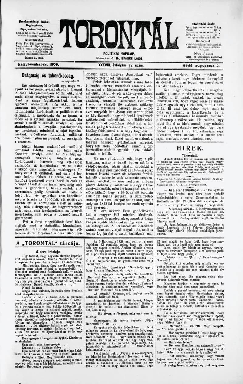 Torontál, 38. évf. 1909. augusztus 2. 173. sz.