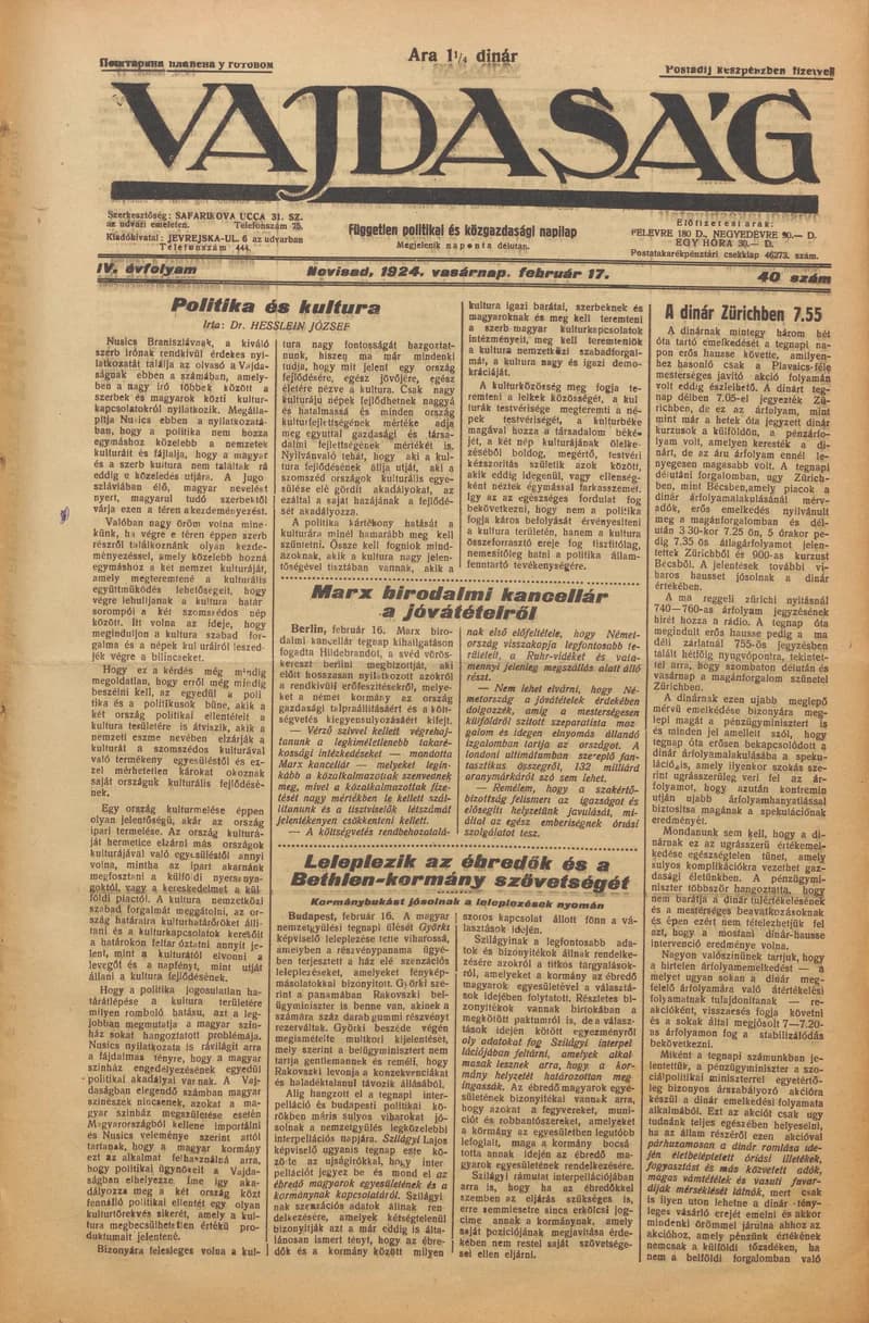 Vajdaság, 4. évf. 1924. február 17. 40. sz.