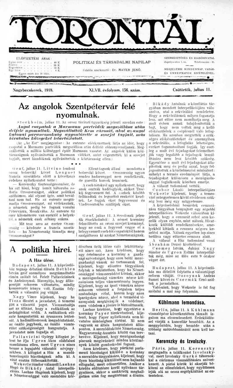 Torontál, 47. évf. 1918. július 11. 156. sz.